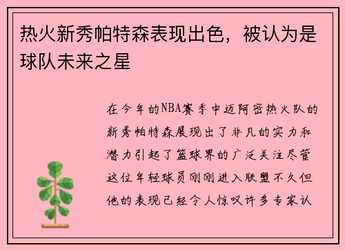 热火新秀帕特森表现出色，被认为是球队未来之星