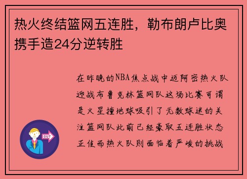 热火终结篮网五连胜，勒布朗卢比奥携手造24分逆转胜