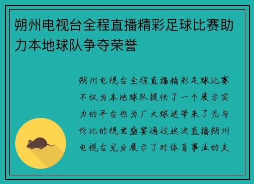 朔州电视台全程直播精彩足球比赛助力本地球队争夺荣誉
