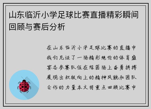 山东临沂小学足球比赛直播精彩瞬间回顾与赛后分析